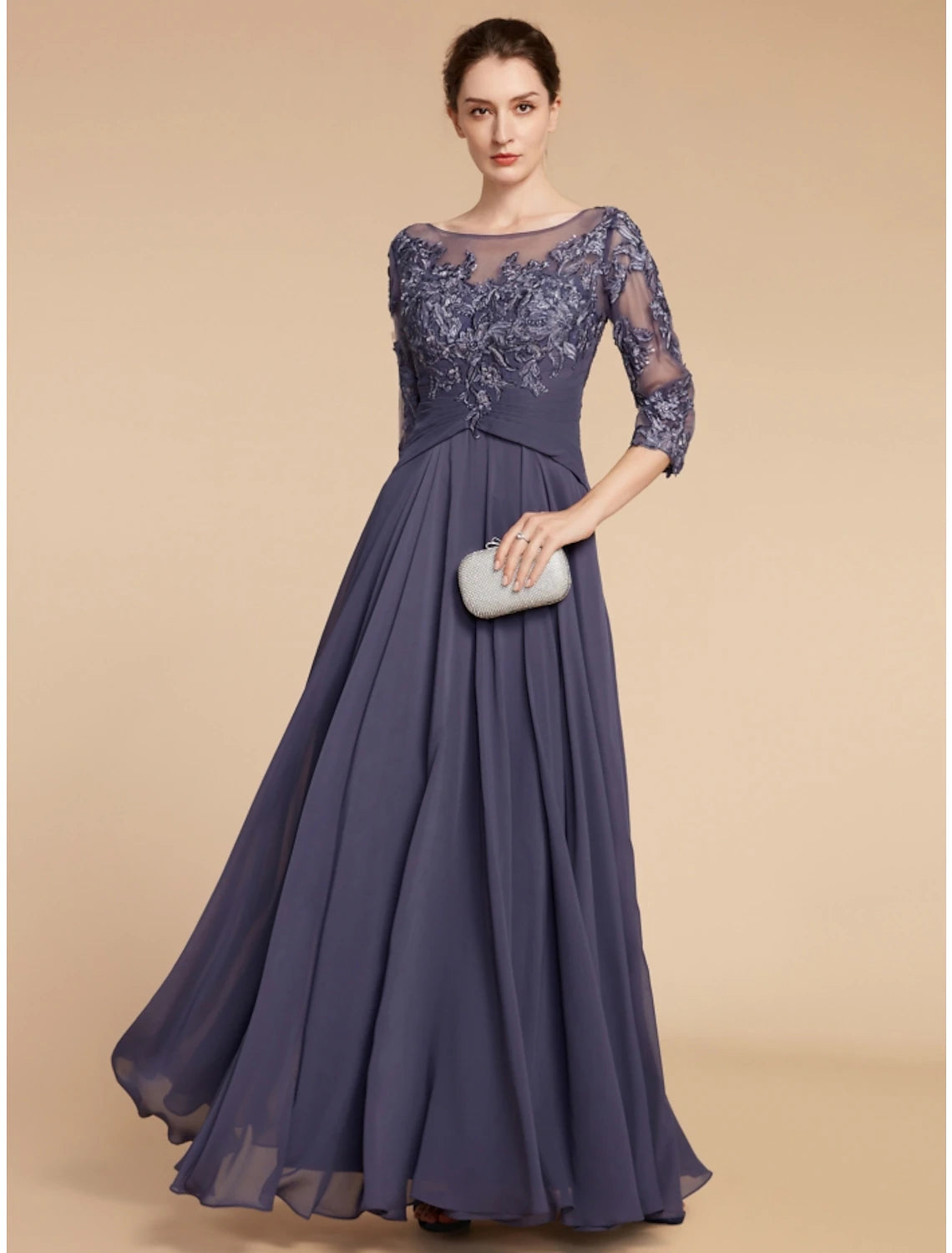 Elegant A-line Mother of the Bride dress with scoop neck and 3/4 length sleeves.