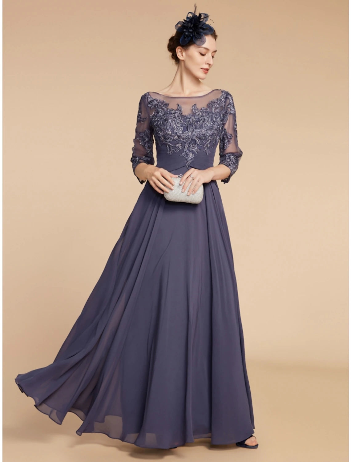 Side view of the A-line dress, showcasing its flowing silhouette and elegant drape.