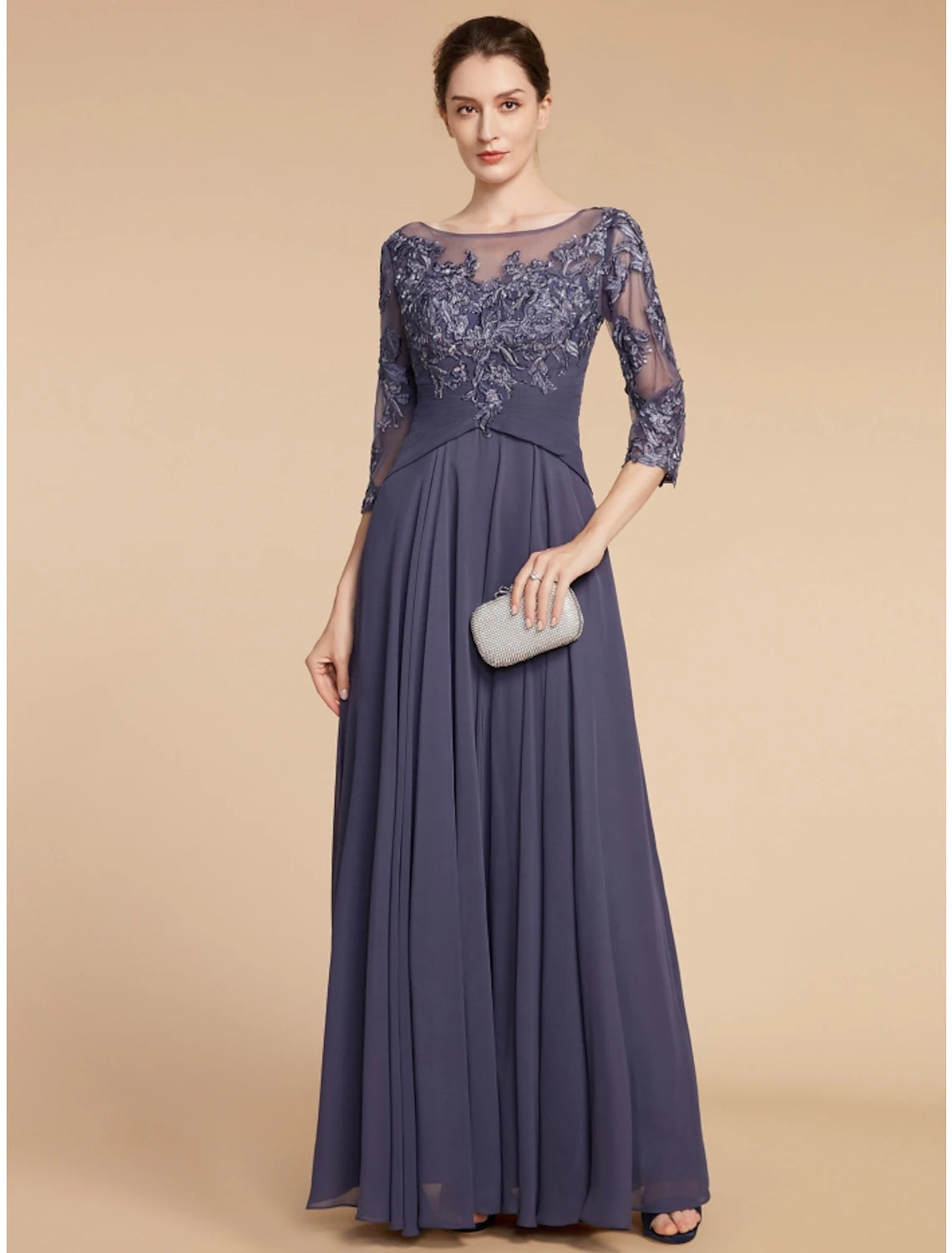 Full view of the elegant dress, highlighting the floor-length design and comfortable fit.