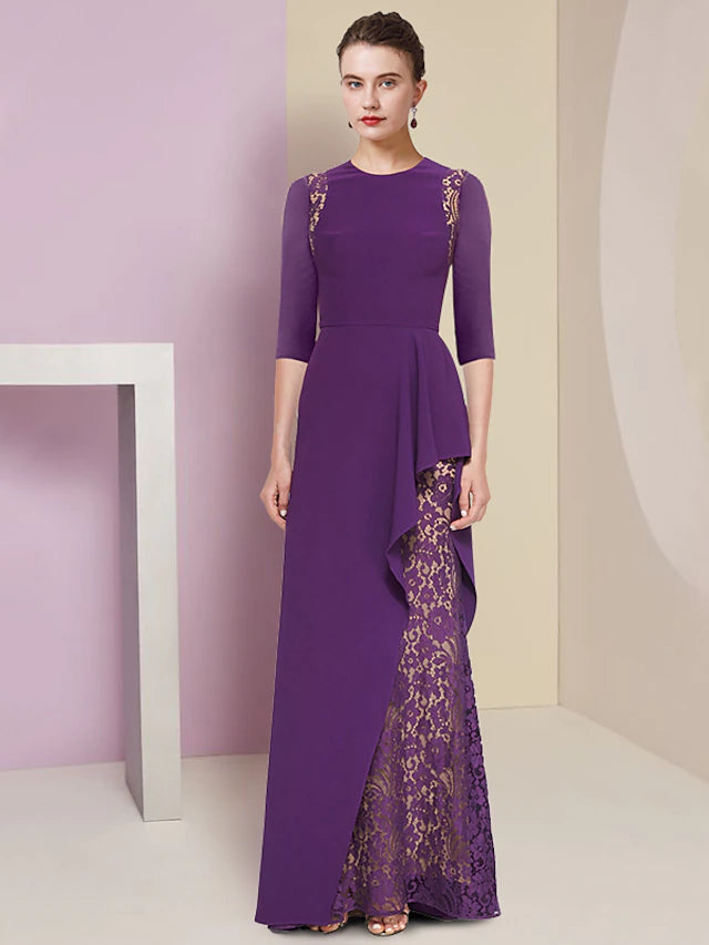 Elegant A-line Mother of the Bride dress with scoop neck and half sleeves.