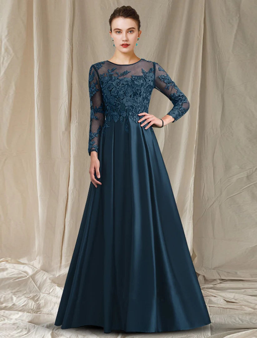 Elegant A-Line Mother of the Bride dress with V-neck, ankle length, satin lace, and short sleeves.