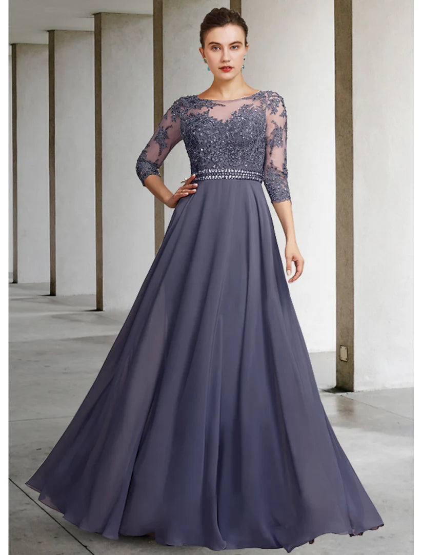 Woman in elegant A-line V-neck chiffon lace dress.