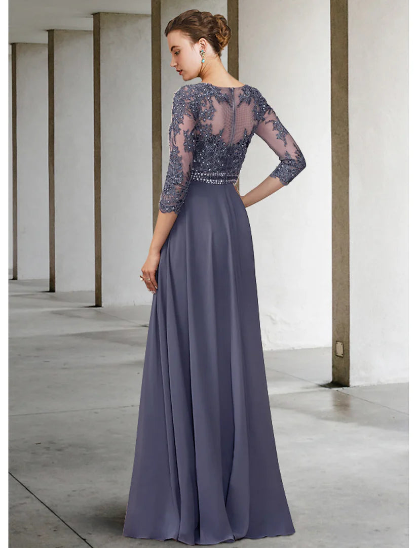 Back view of A-line Mother of the Bride dress with 3/4 sleeves.