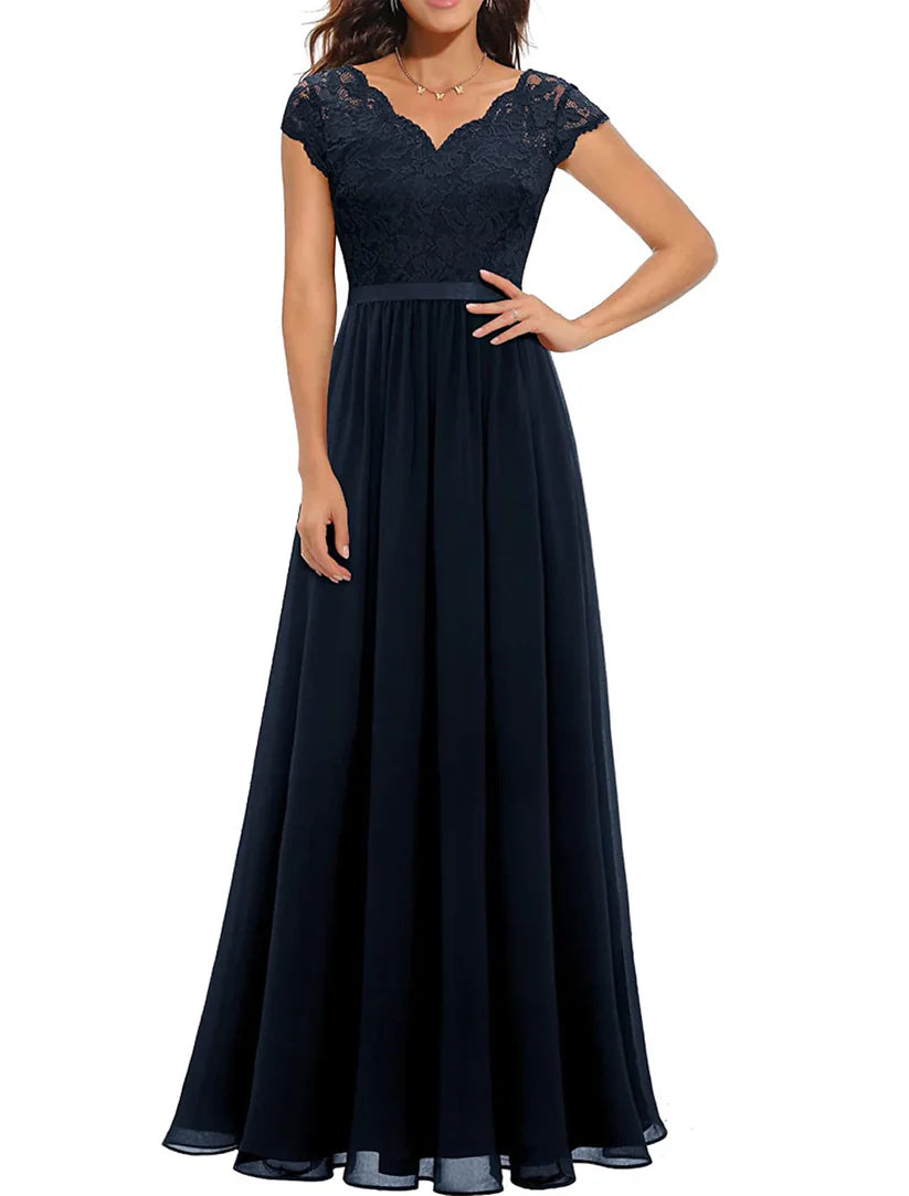 Elegant A-Line Mother of the Bride dress with V-neck and short sleeves.