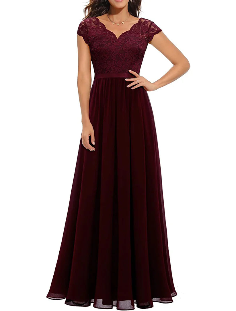 Side view of floor-length Mother of the Bride dress with V-neck.