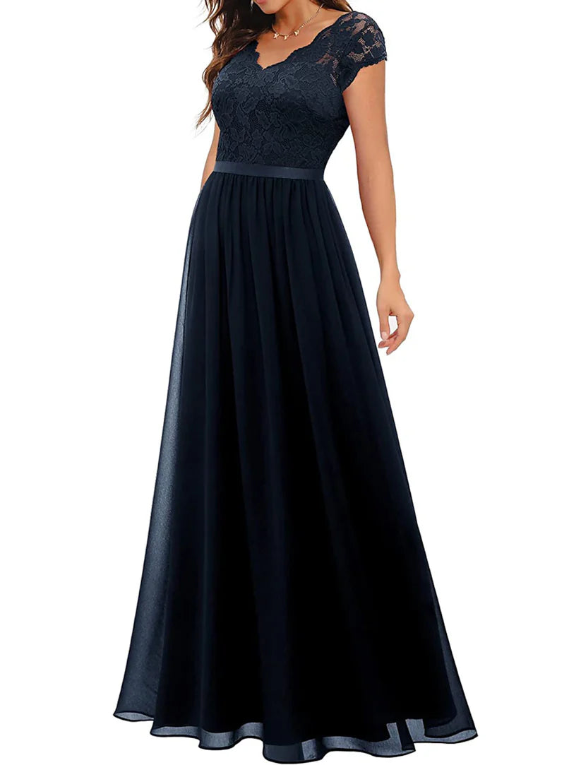 Close-up of the V-neck and lace detail on the A-Line dress.