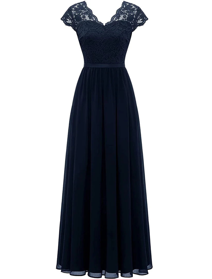 Full view of the elegant A-Line gown with short sleeves and pleats.