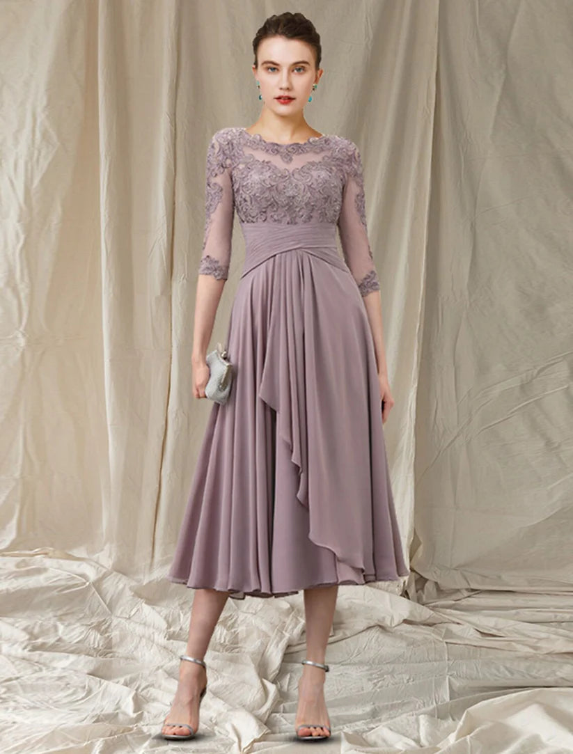 Woman wearing an elegant A-line V-neck chiffon lace ankle-length dress with short sleeves, pleats, ruching, and beading.