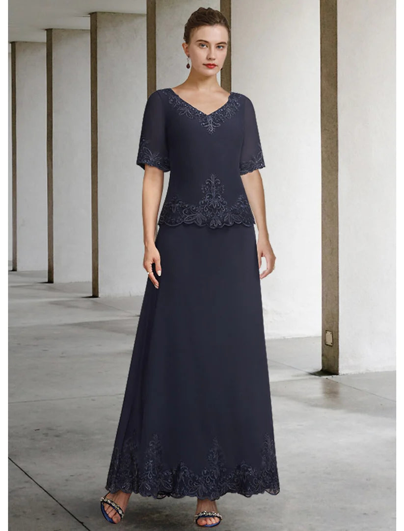 Elegant A-Line Mother of the Bride dress with V-neck, short sleeves, chiffon lace, and appliques.