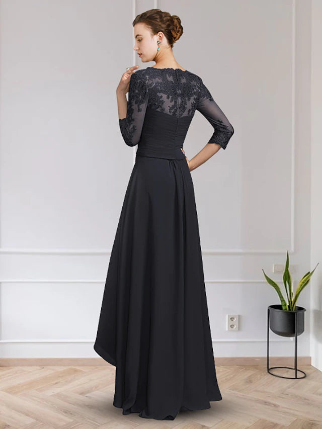 Side view of the A-Line Mother of the Bride dress, highlighting the asymmetrical floor-length skirt and delicate appliques.