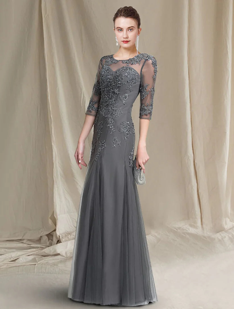 Back view of the floor-length Mother of the Bride dress with appliques.