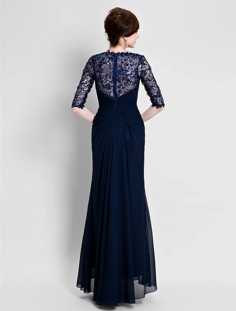 Back view of the A-Line Mother of the Bride dress, showcasing the floor-length chiffon and lace details.
