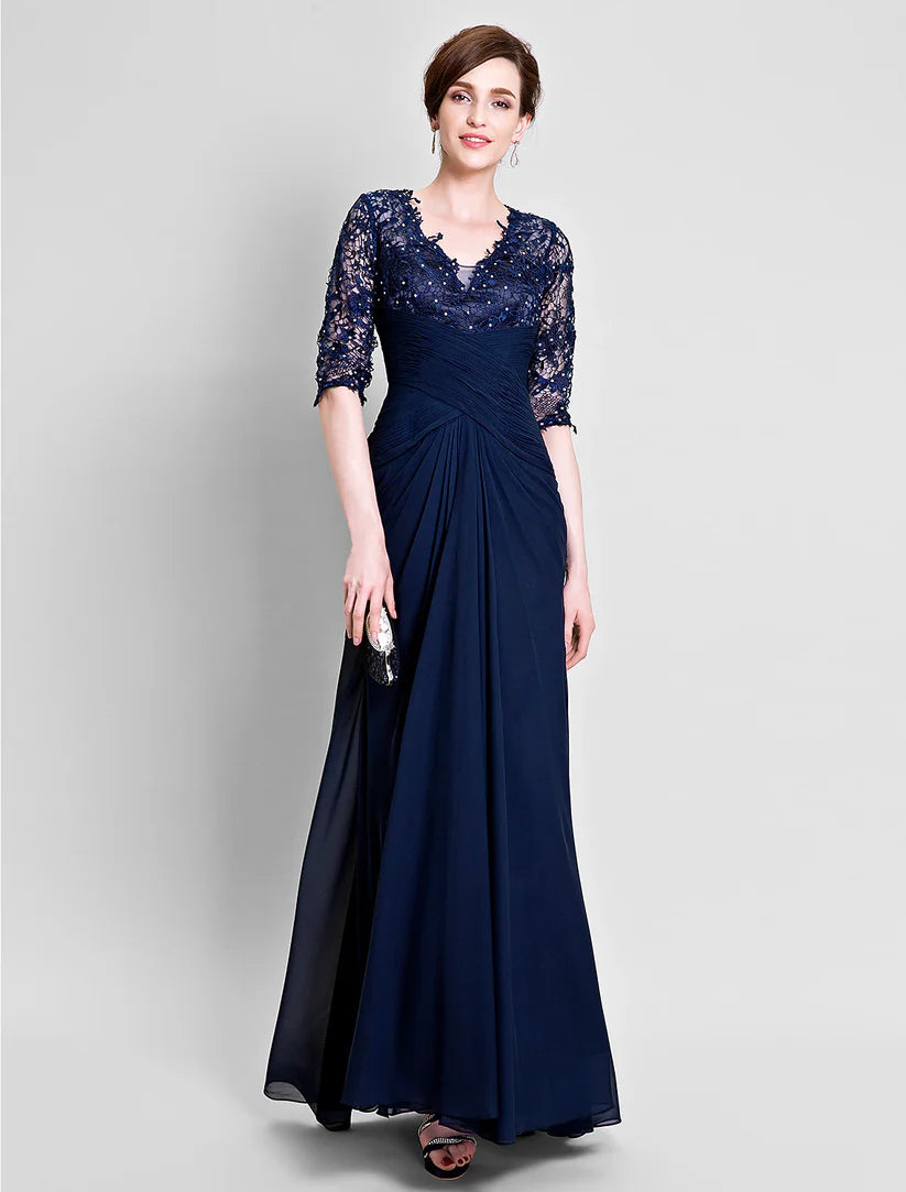 Side view of the A-Line Mother of the Bride dress, highlighting the flowing chiffon skirt and lace bodice.