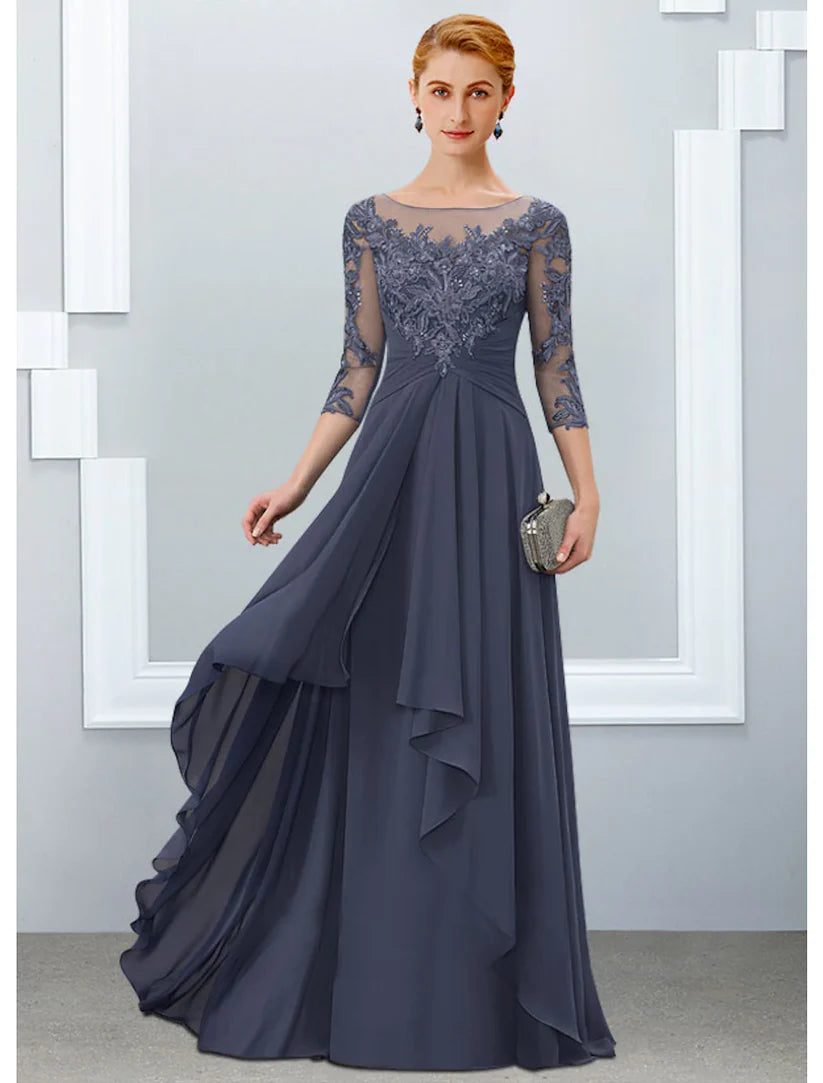 Elegant A-Line Mother of the Bride dress with jewel neck and half sleeves.