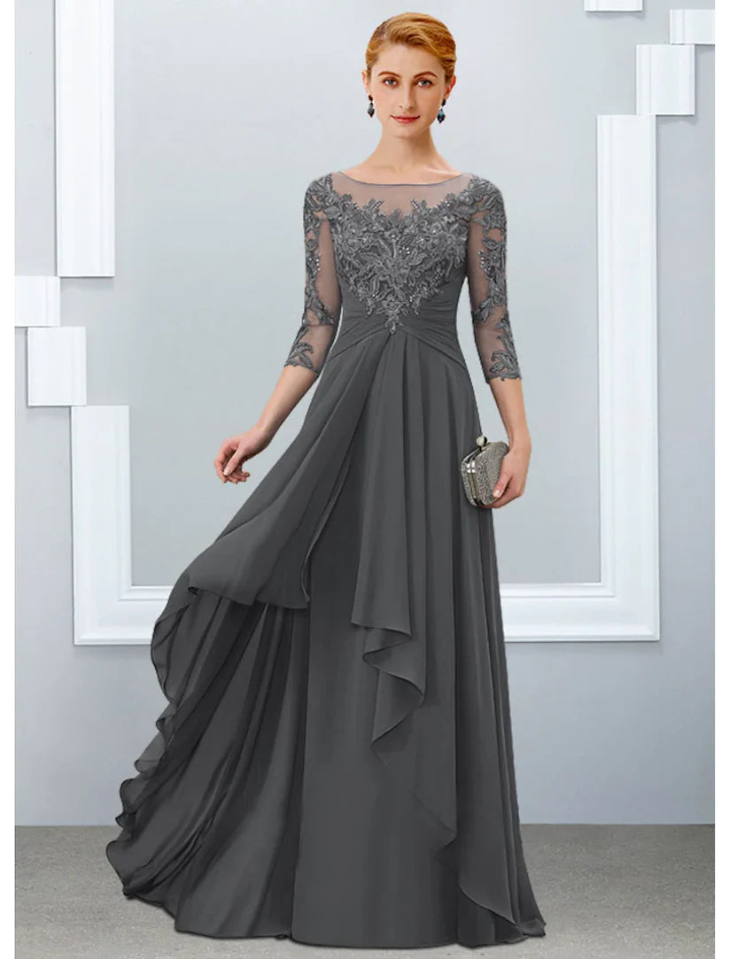 Back view of A-Line chiffon lace gown with ruffles and appliques.