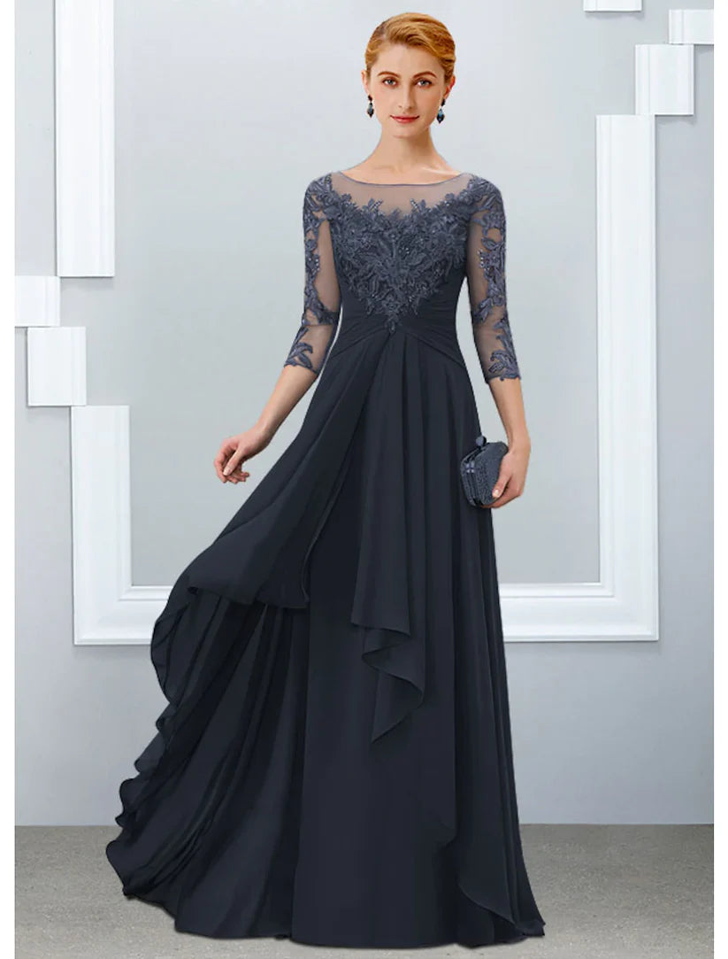 Close-up of chiffon and lace fabric with delicate appliques on an A-Line dress.