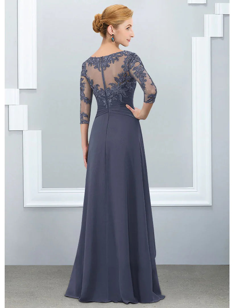 Side view of a floor-length A-Line dress for formal occasions.