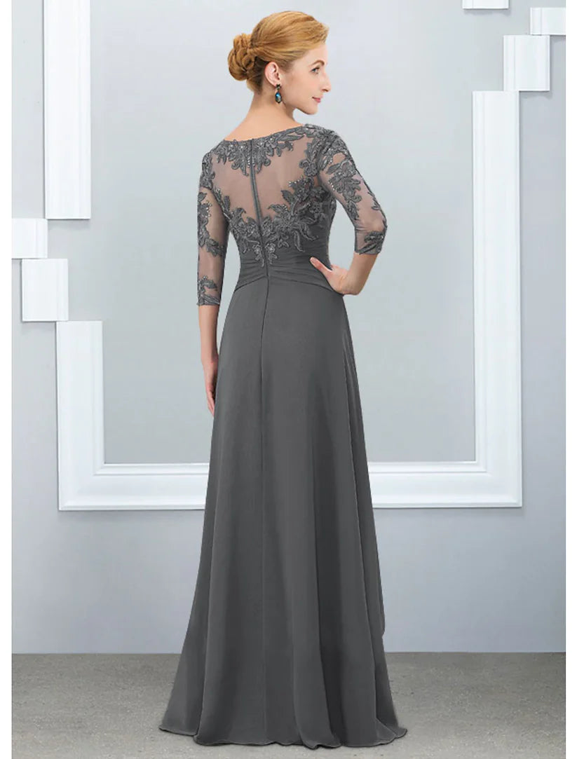 Mother of the Bride gown featuring a flowing A-Line skirt.
