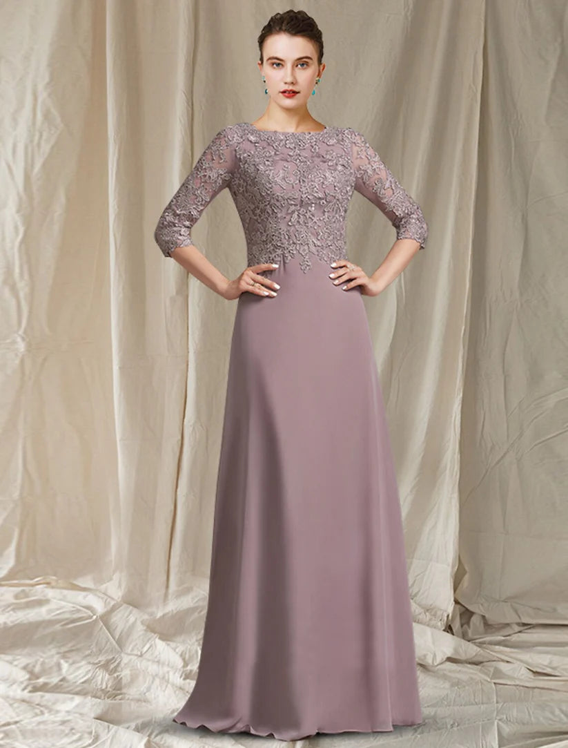 Elegant A-Line Mother of the Bride dress with jewel neck, chiffon, lace appliques, and 3/4 sleeves.