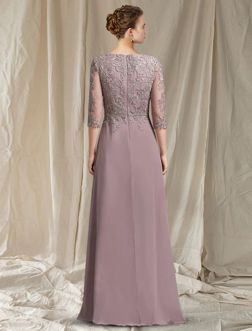 Back view of an elegant A-Line Mother of the Bride dress, showcasing chiffon and lace details.