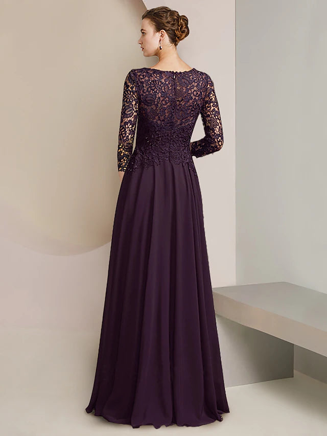 Back view of the floor-length A-line mother of the bride dress with delicate appliques.