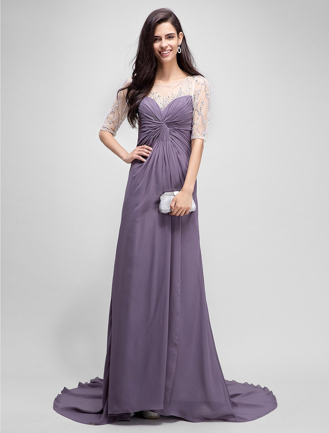 Elegant A-line mother of the bride dress with scoop neck and half sleeves.