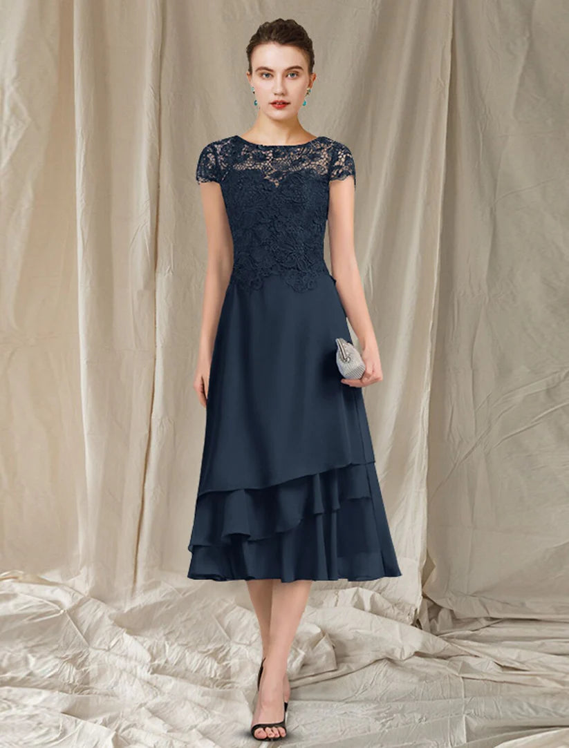 Elegant A-line V-neck mother of the bride dress with chiffon lace and ruffled short sleeves.