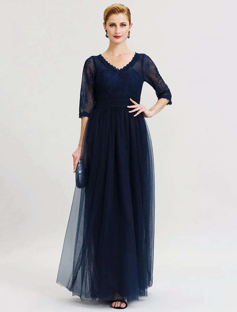 Elegant A-Line Mother of the Bride dress with V-neck and 3/4 lace sleeves, front view.