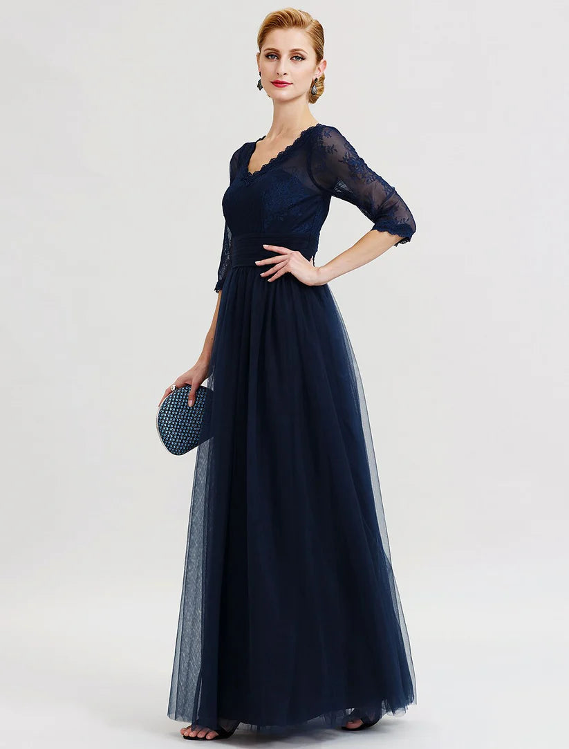 Side profile of a woman wearing the A-Line Mother of the Bride dress.