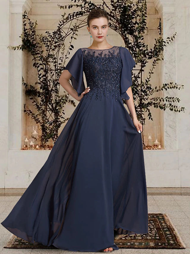 A-line Mother of the Bride dress with jewel neck, short sleeves, chiffon lace, and beading.