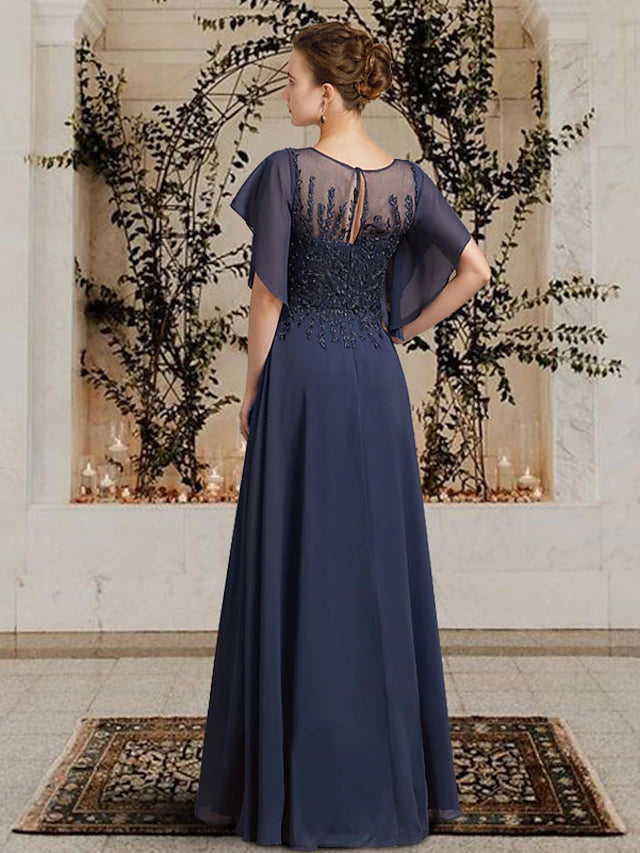 Full length view of the elegant A-line Mother of the Bride gown.