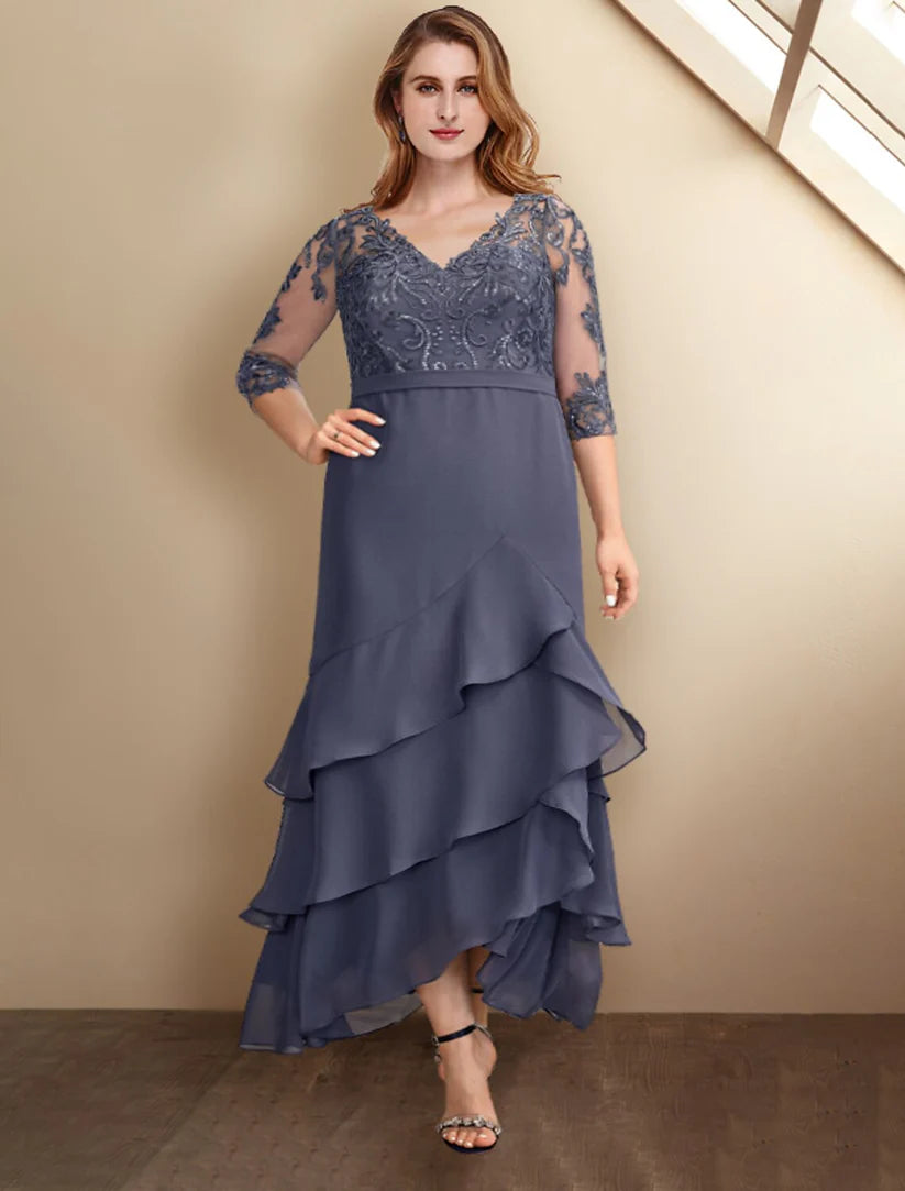 Elegant A-Line Mother of the Bride dress in plus size, featuring a V-neck, half sleeves, and chiffon fabric with appliques.