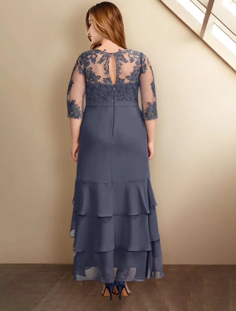 Back view of the A-Line plus size Mother of the Bride dress, showcasing ankle length and ruffle details.