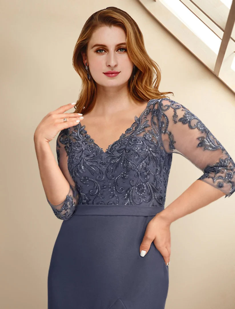 Close-up of the A-Line Mother of the Bride dress, highlighting the delicate appliques and chiffon texture.