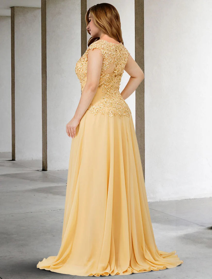 Back view of the plus size A-line formal gown, showcasing the sweep train and intricate applique details.