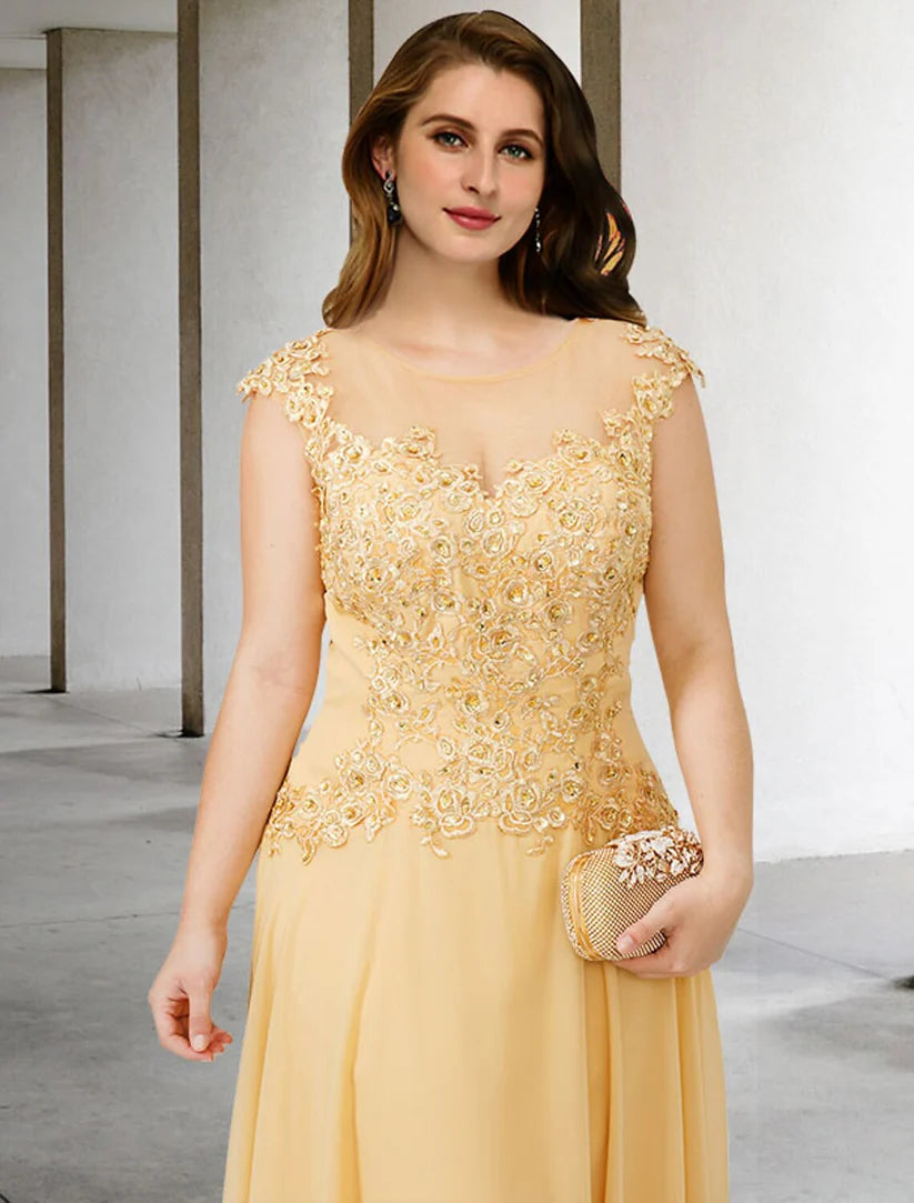 Side profile of the sleeveless A-line Mother of the Bride dress, highlighting the flattering silhouette and chiffon fabric.