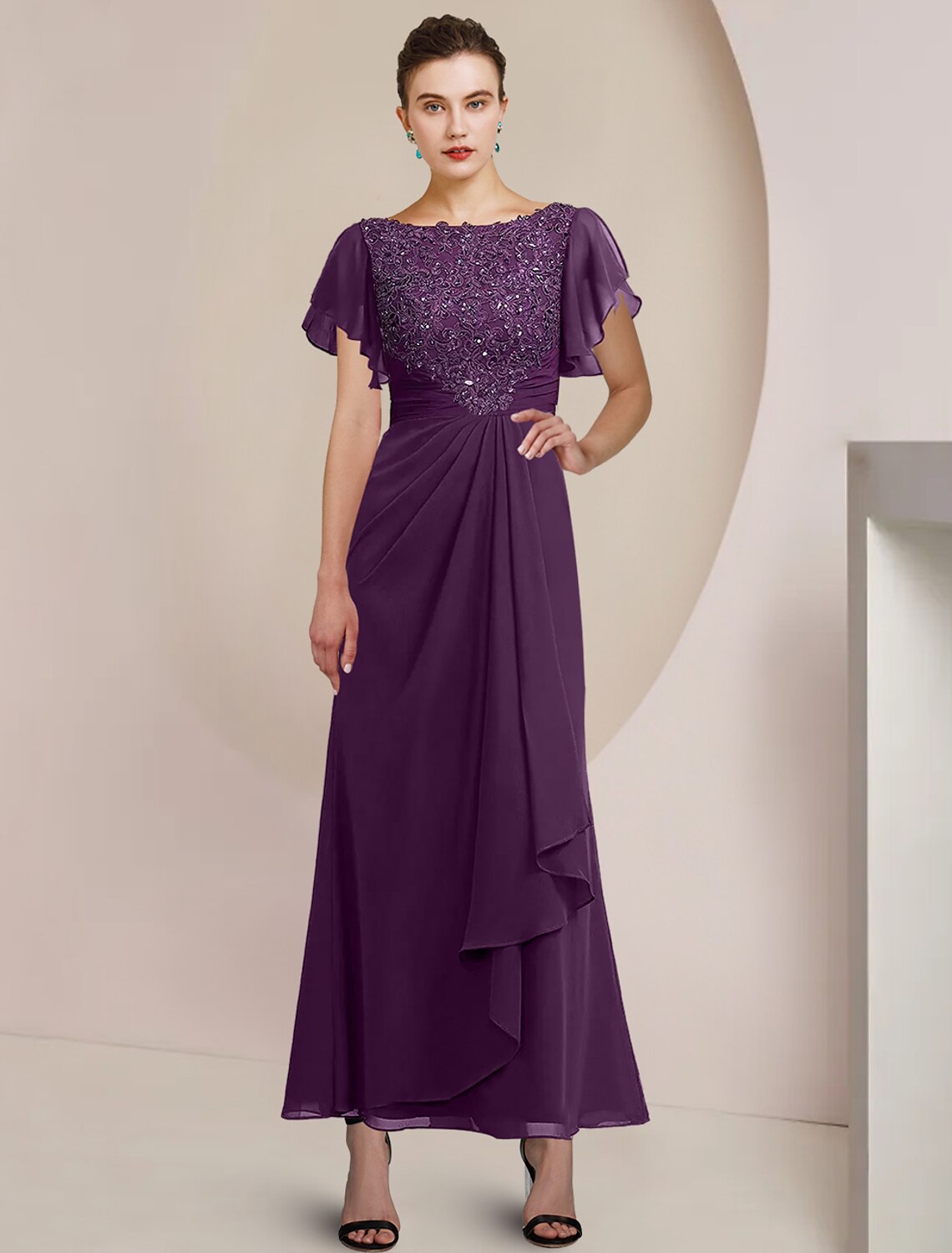 Elegant A-Line Mother of the Bride dress with 3/4 lace sleeves.