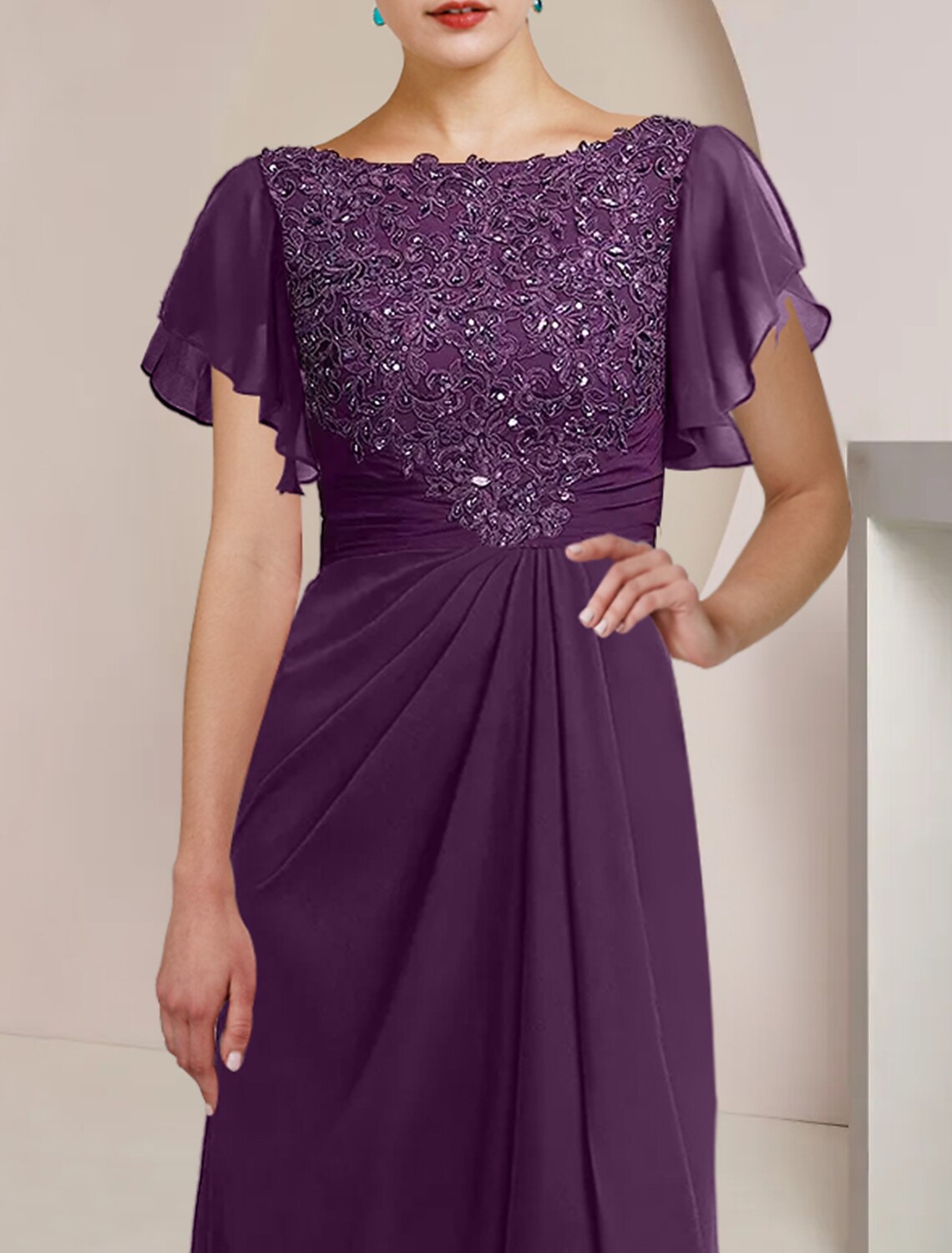 Back view of the formal wedding guest dress, showing the scoop neck.