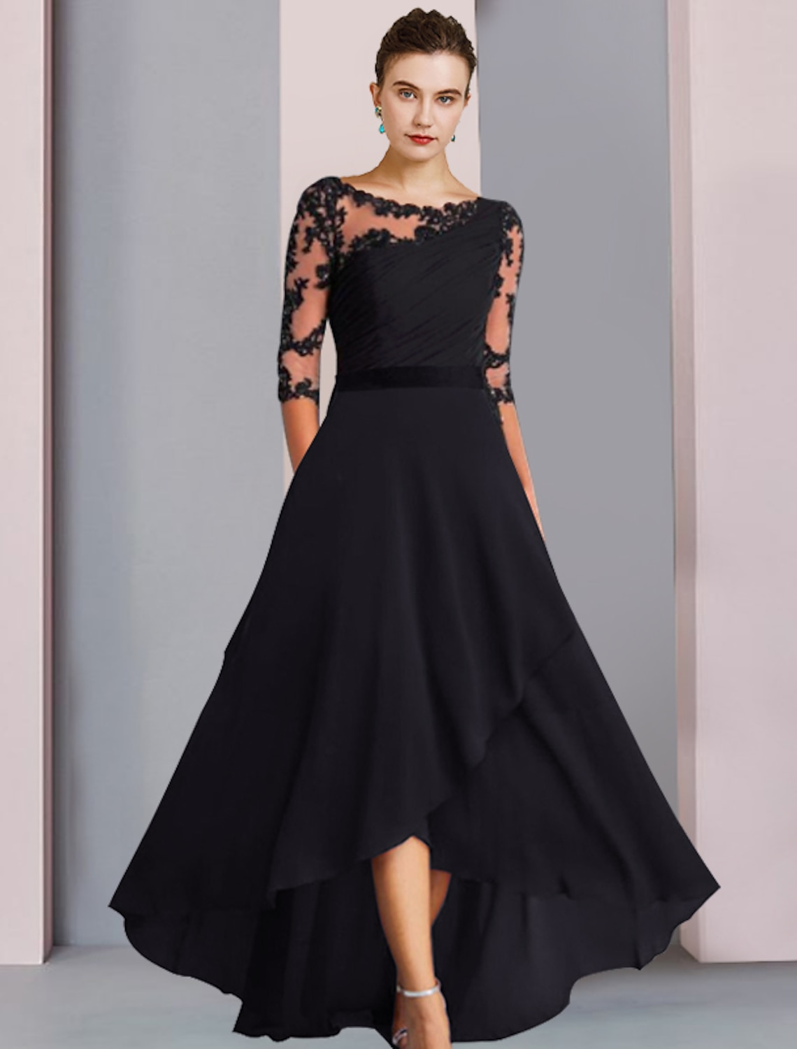 A-Line Mother of the Bride dress with scoop neck, half sleeves, and high-low tea length hem.