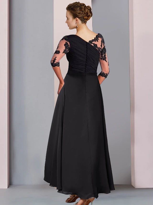 Side view of an elegant A-Line dress featuring appliques and side-draped chiffon.
