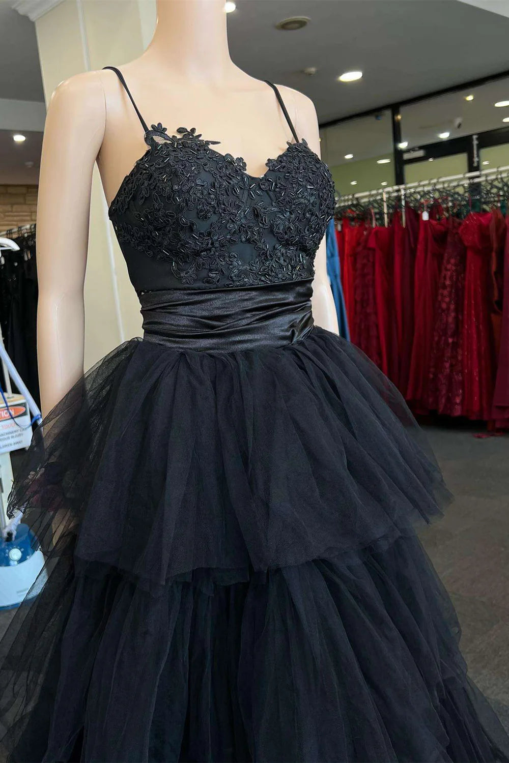 Elegant A-line long prom dress with multi-tiered straps.