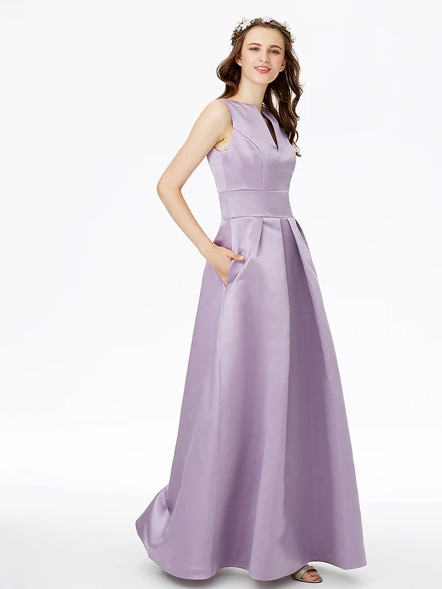 Close-up of notched neckline on a satin bridesmaid dress.