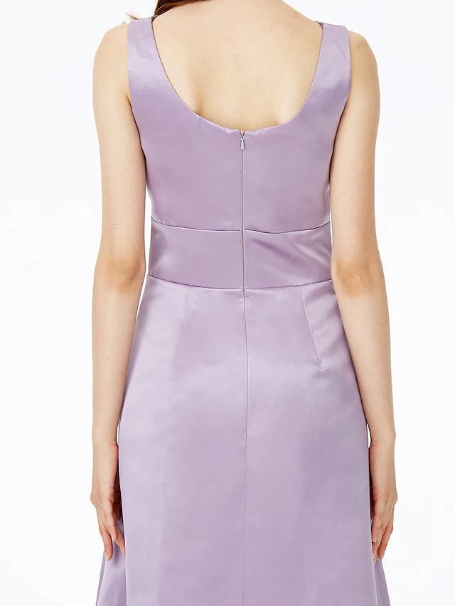 Flowing satin A-line dress for formal occasions.