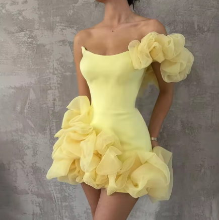 Mini A-line dress with off-the-shoulder neckline and 3D floral details, suitable for homecoming or parties.