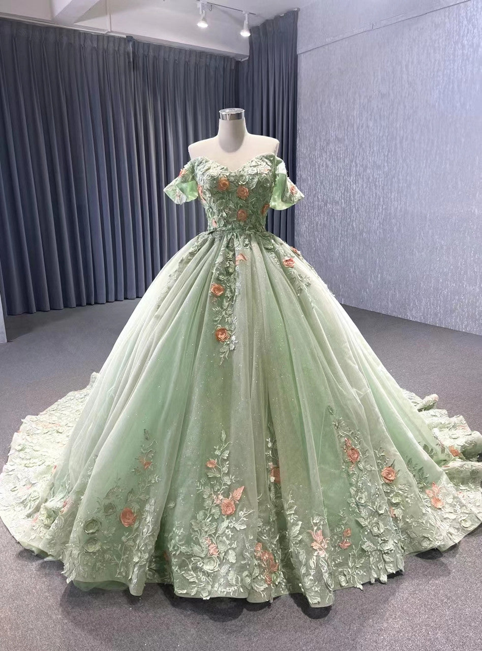 Elegant A-line off-shoulder prom dress with 3D floral details.