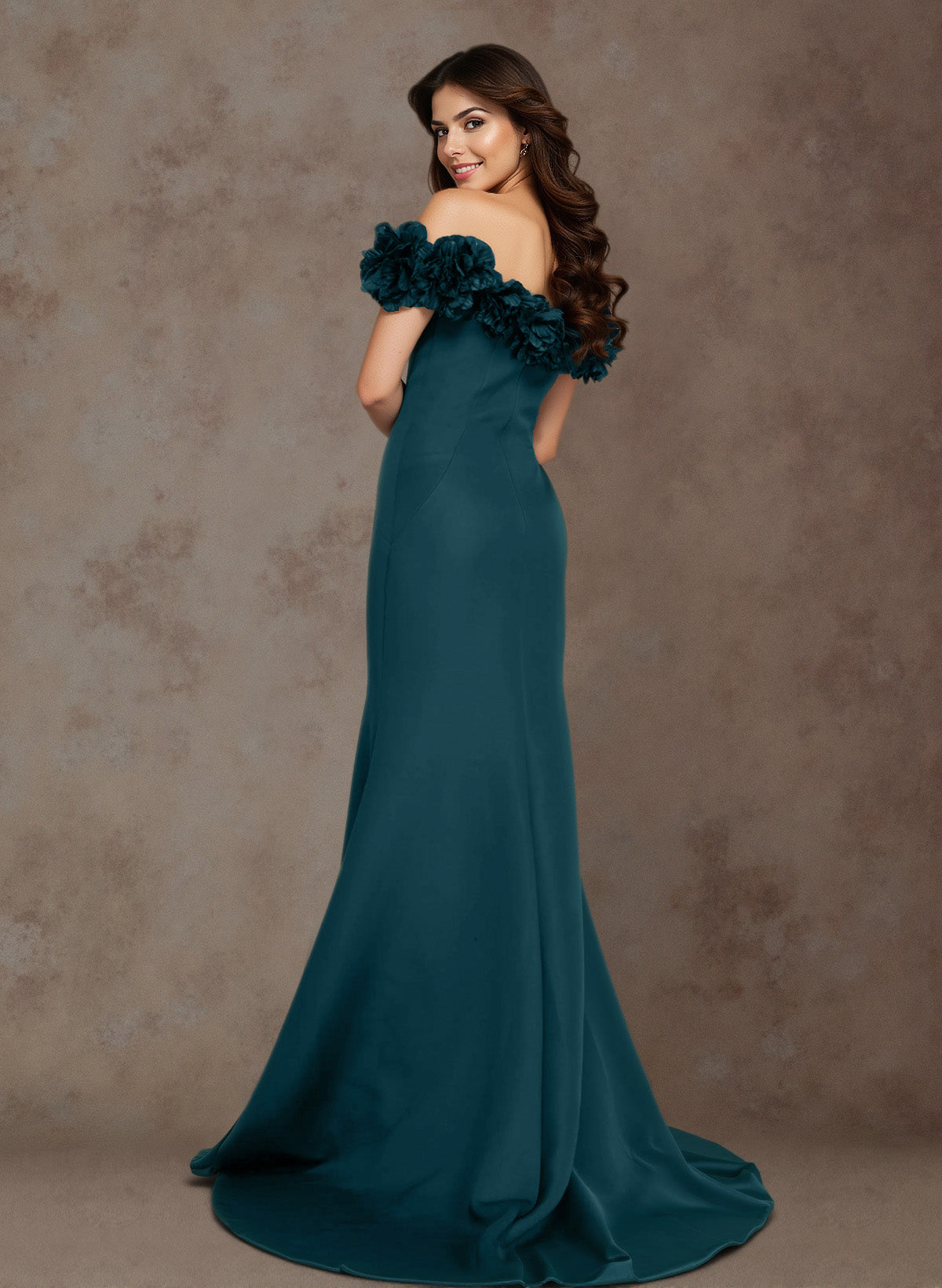 Back view of the elegant off-shoulder A-line Mother of the Bride gown.