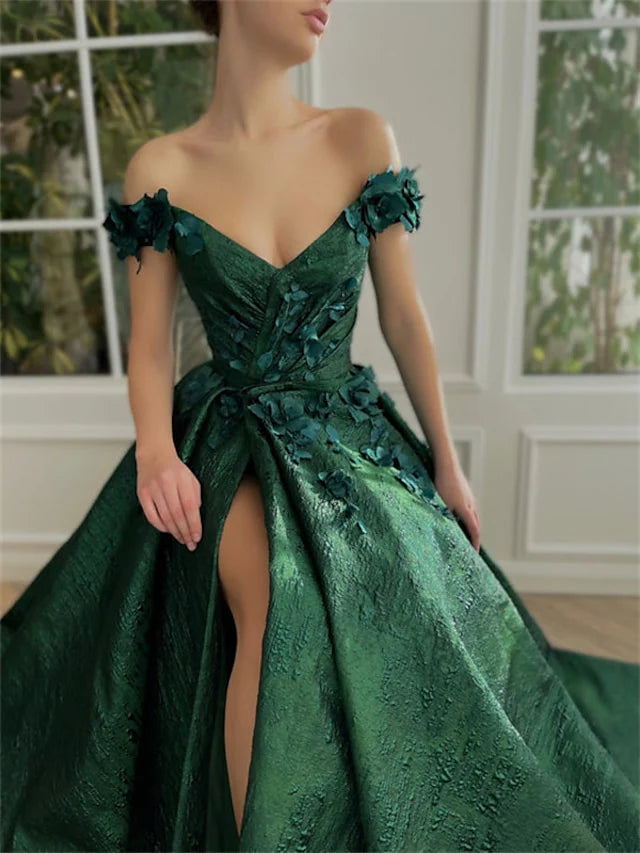 Elegant A-line off-shoulder prom dress with appliques, front view.