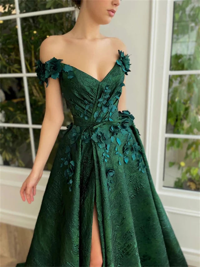 Back view of the A-line off-shoulder prom dress with intricate appliques.