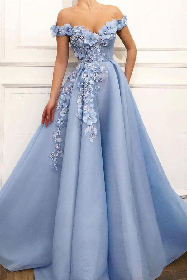 Elegant off-shoulder prom dress with floral appliques and A-line skirt.