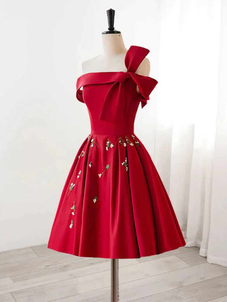 Elegant off-the-shoulder short satin prom dress with appliques.